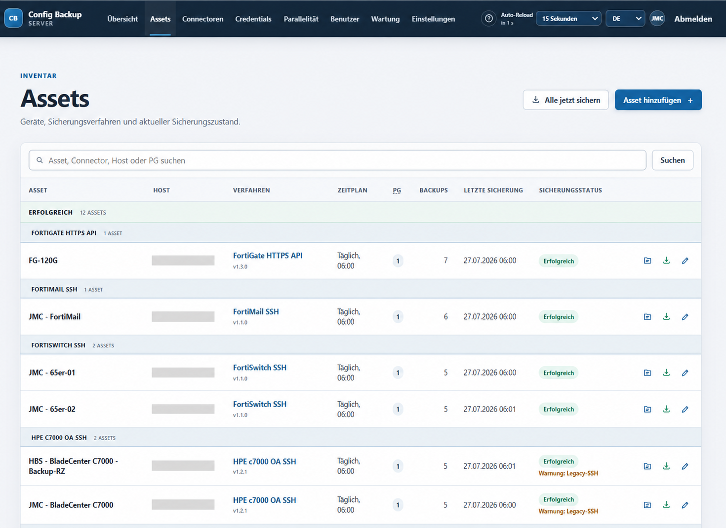 Assetübersicht des Config Backup Servers mit maskierten IP-Adressen