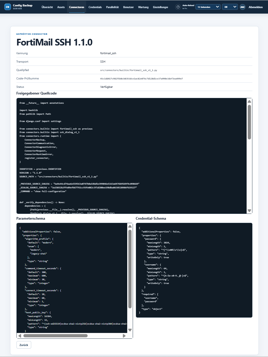 Detailansicht eines versionierten FortiMail-SSH-Connectors im Config Backup Server