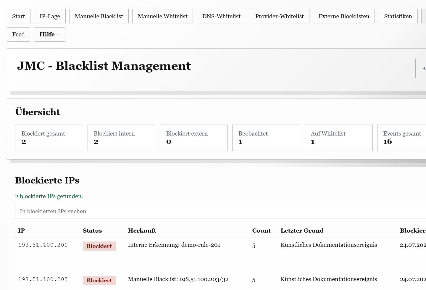 Dashboard der JMC-Software ISP-Blacklist