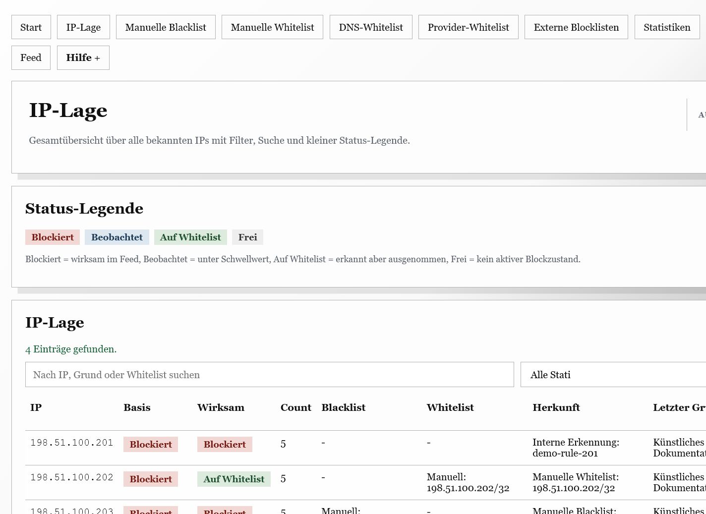 ISP-Blacklist IP-Lage mit Statuslegende, Suche sowie Herkunft von Black- und Whitelist-Regeln