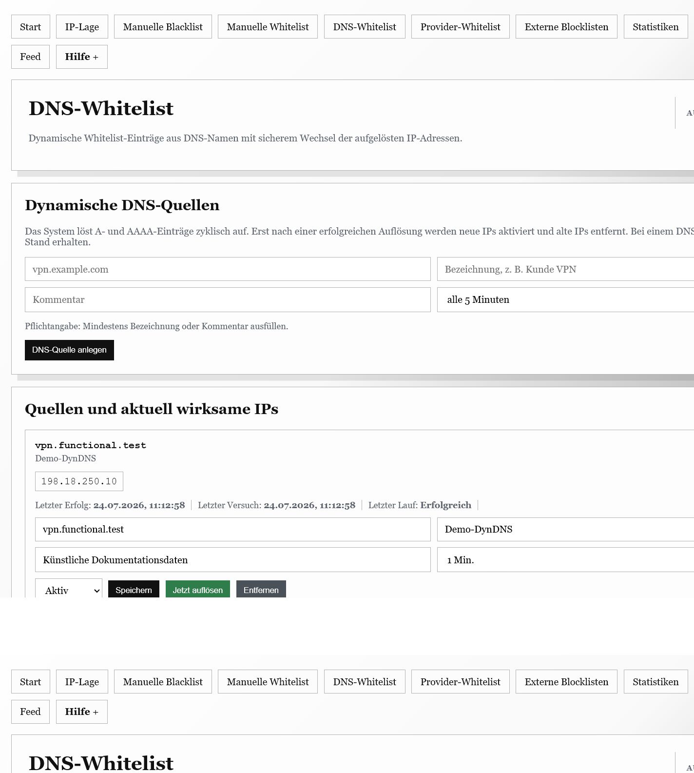 ISP-Blacklist DNS-Whitelist mit Quelle, aktivem IP-Satz und Synchronisationsstatus