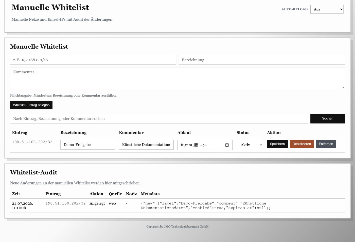 ISP-Blacklist manuelle Whitelist mit dokumentiertem Eintrag und Audit-Verlauf