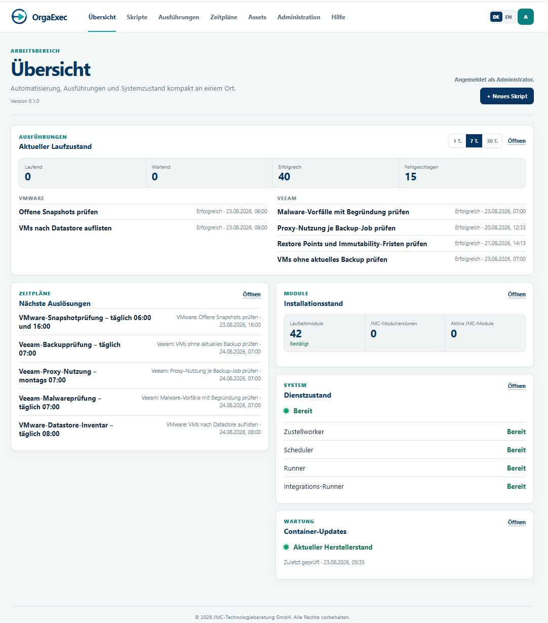 OrgaExec-Übersicht mit Ausführungsstatus, Zeitplänen, Modulen und Dienstzuständen