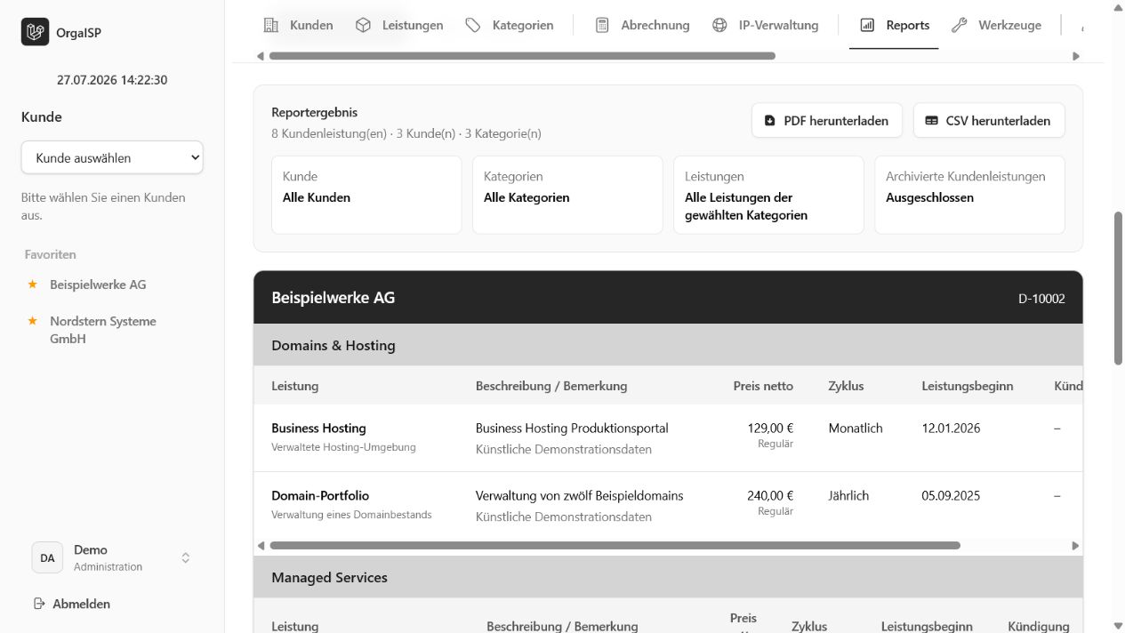 Dynamischer OrgaISP Report mit gruppierten künstlichen Kundenleistungen und Exportaktionen