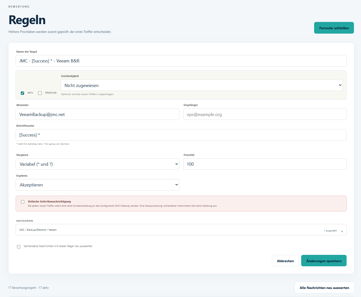 OrgaNCS-Regelkonfiguration mit der Option Kritische Sofortbenachrichtigung für ein SMS-Gateway