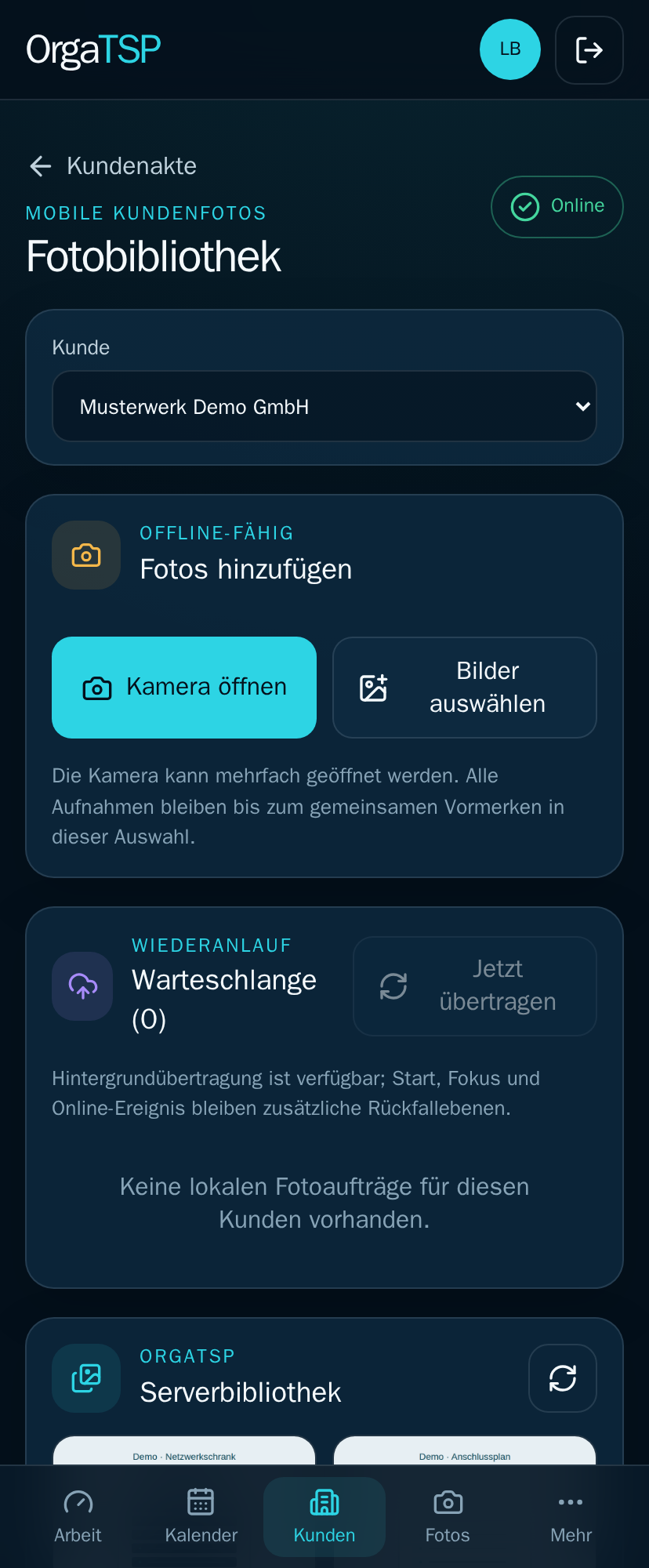 Mobile Fotoerfassung mit Kundenauswahl, Kamera, Mehrfachimport und Warteschlange