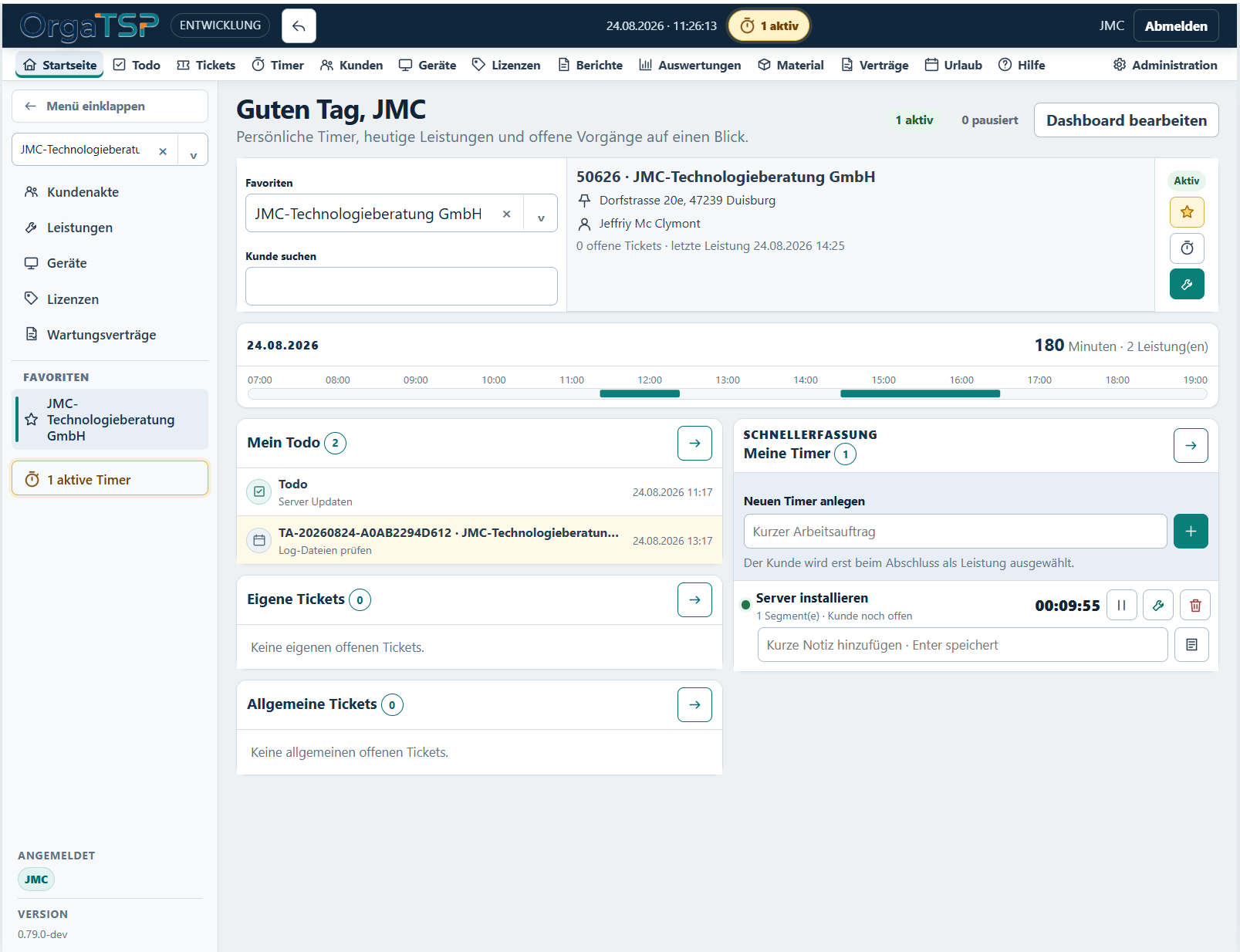 OrgaTSP-Dashboard mit Kundenfavorit, Tagesleistungen, Aufgaben und laufendem Timer